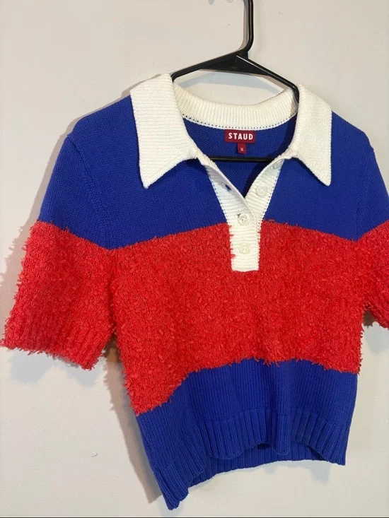 STAUD Spencer Top in Hibiscus & Atlantic Rugby Stripe Red White and Blue Texture - Picture 2 of 10